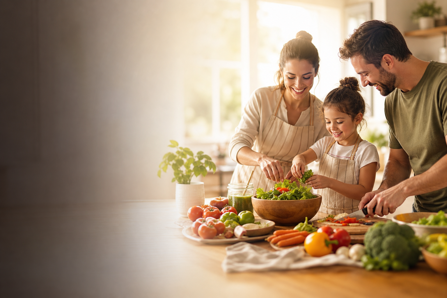 cena acolhedora de família preparando uma refeição saudável em casa
