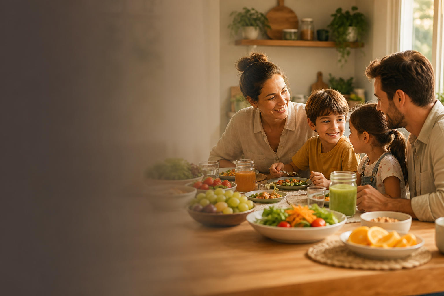 cena de mesa familiar com alimentos naturais e atmosfera acolhedora